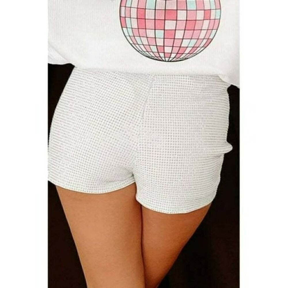 Got A Reputation High Waisted Rhinestone Diamond Shorts in White - Picture 7 of 10